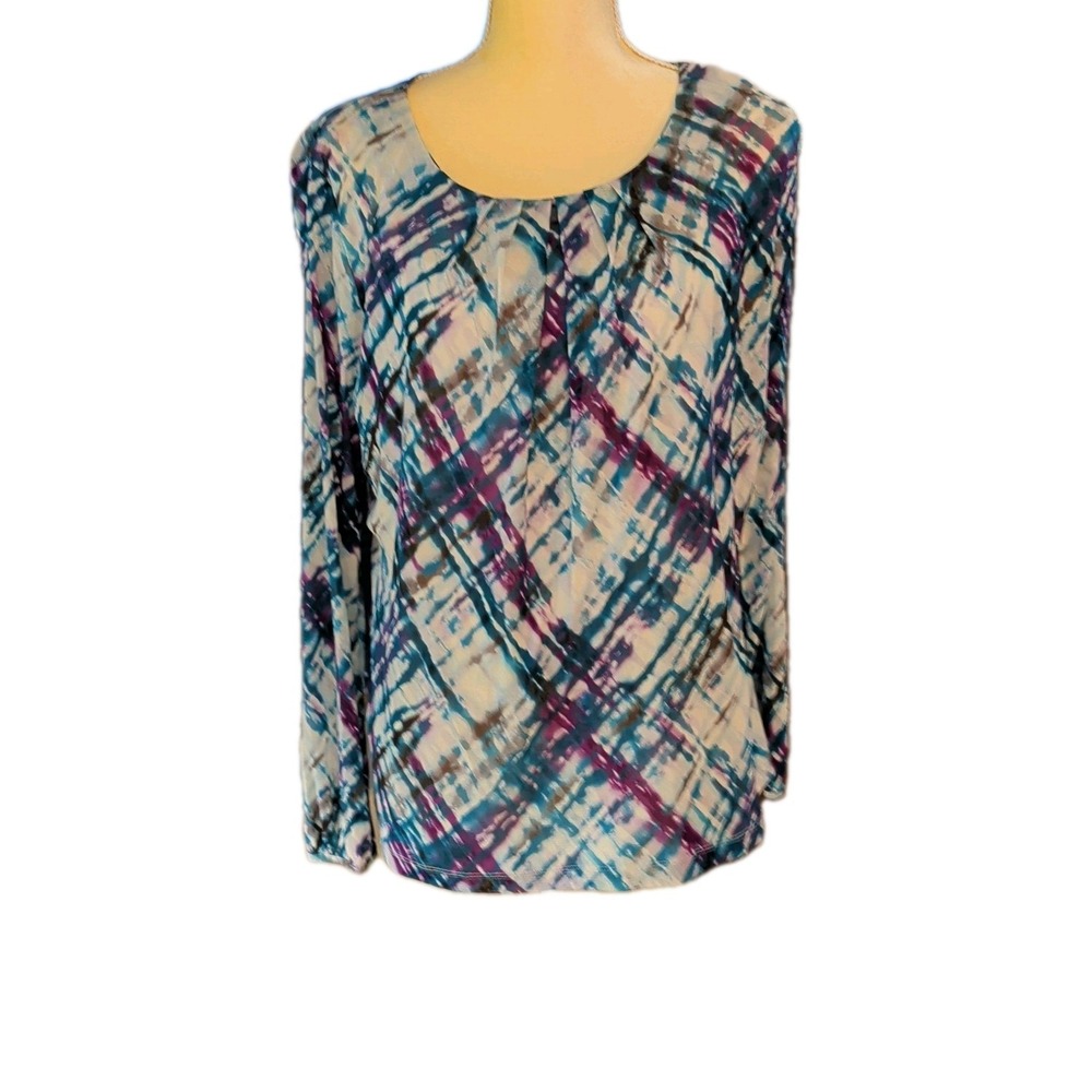 Liz Claiborne Women's XL Long Sleeve Blouse Teal/Purple/White Lined
